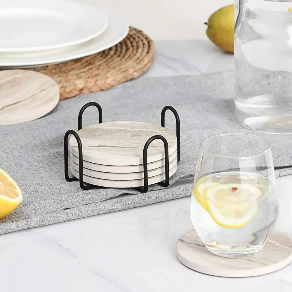 Elegant Set of 6 Black Marble Ceramic Drink Coasters with Holder for Home Decor